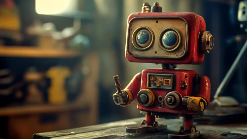 Miniature retro service robot holding bolt in workshop scene.