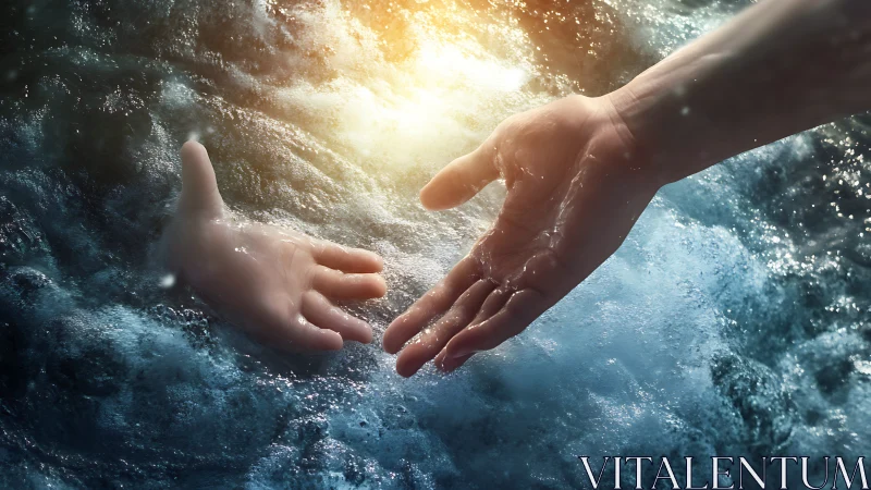 Two human hands reach toward each other above turbulent water