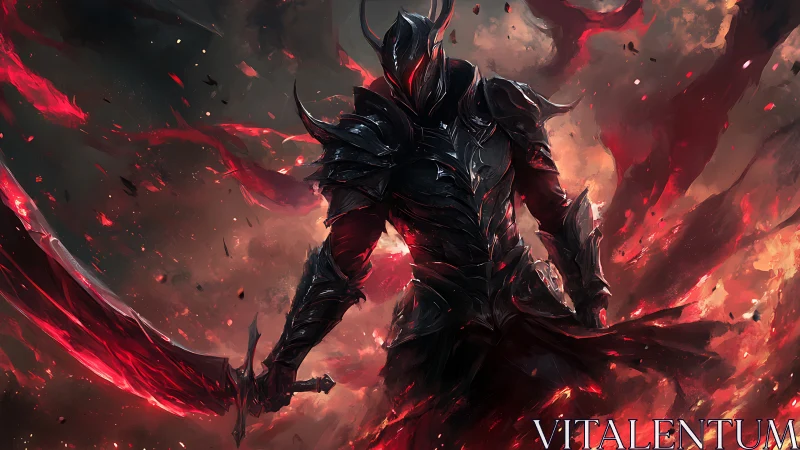 Dark armored demon knight wields blazing crimson sword.