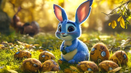 Blue bunny cradles painted eggs in warm forest light.
