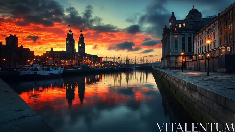 Harbor dusk glow over historic clock towers and calm water.