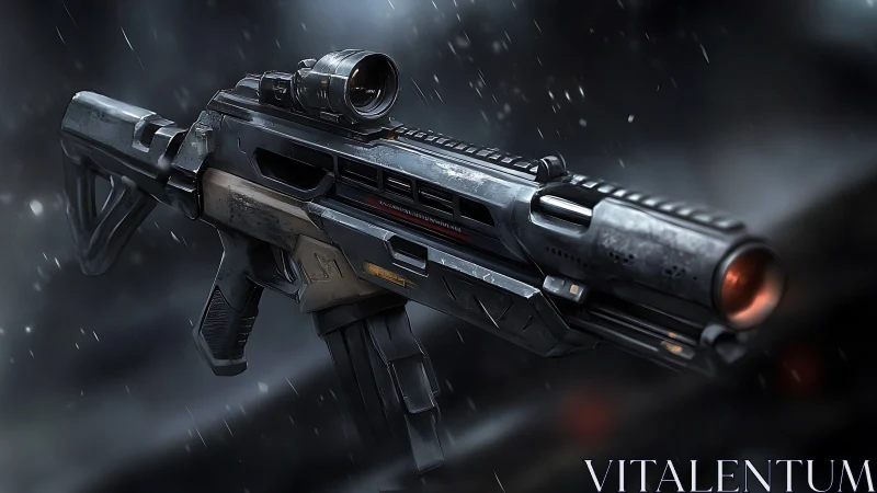 Futuristic tactical rifle gleams under cold cinematic rain