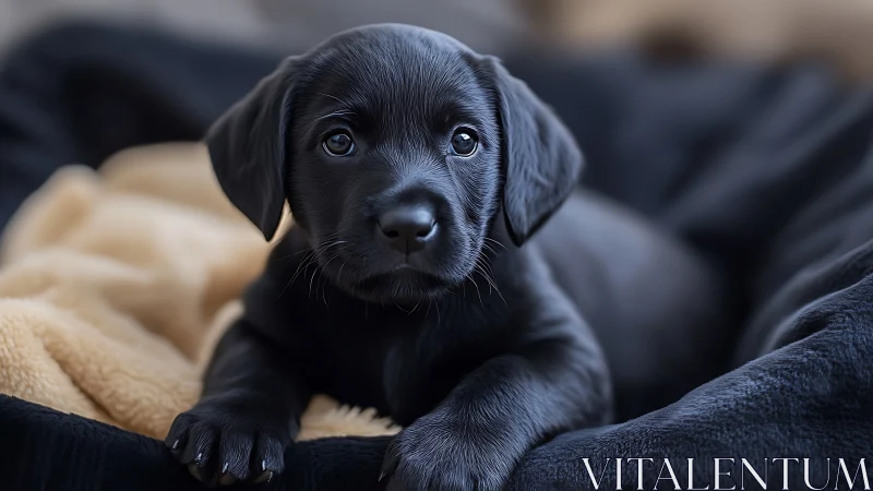 Black Labrador puppy lying on soft blanket in close view.