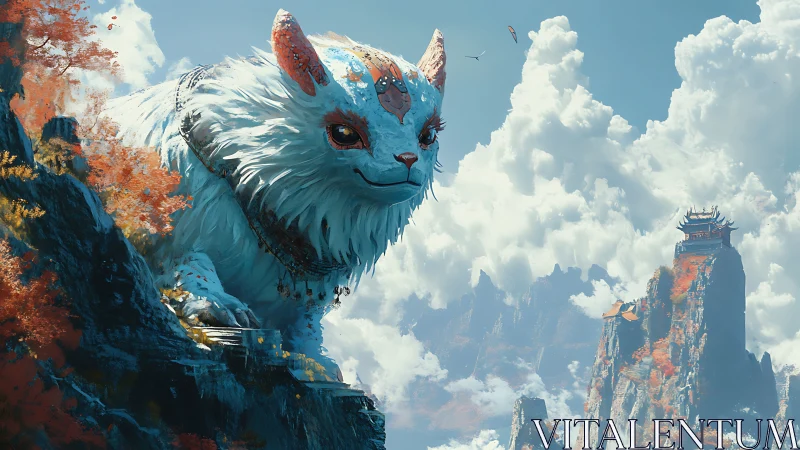 Giant white spirit cat overlooks misty mountain temples