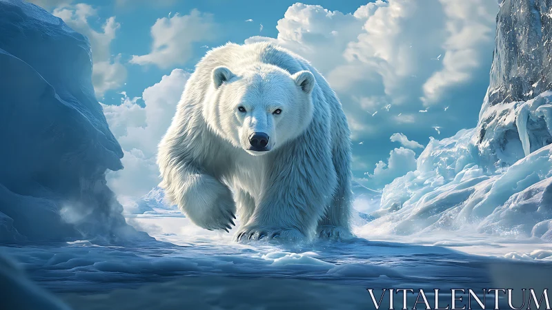 Photorealistic polar bear striding across sunlit arctic ice
