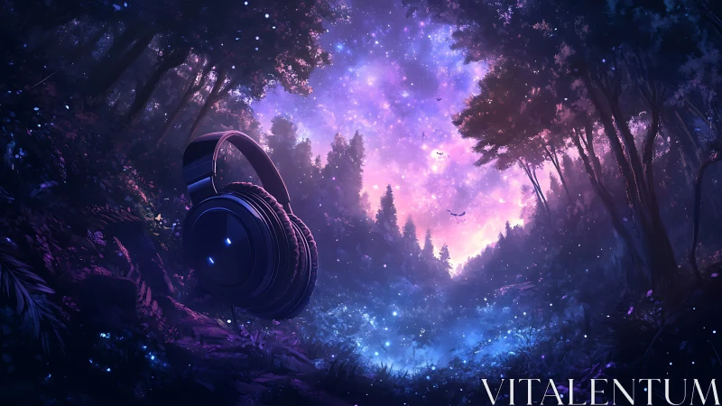 Headphones rest in glowing forest under cosmic twilight sky
