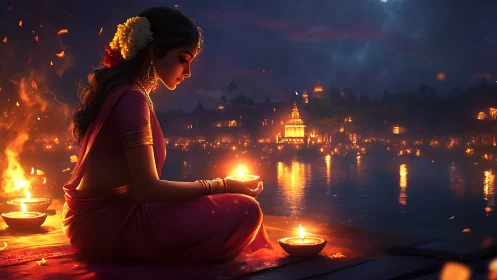 River of quiet flames and a festival dreamer in prayer.