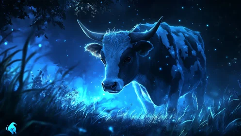 Cow stands in glowing blue forest lit by bioluminescent light