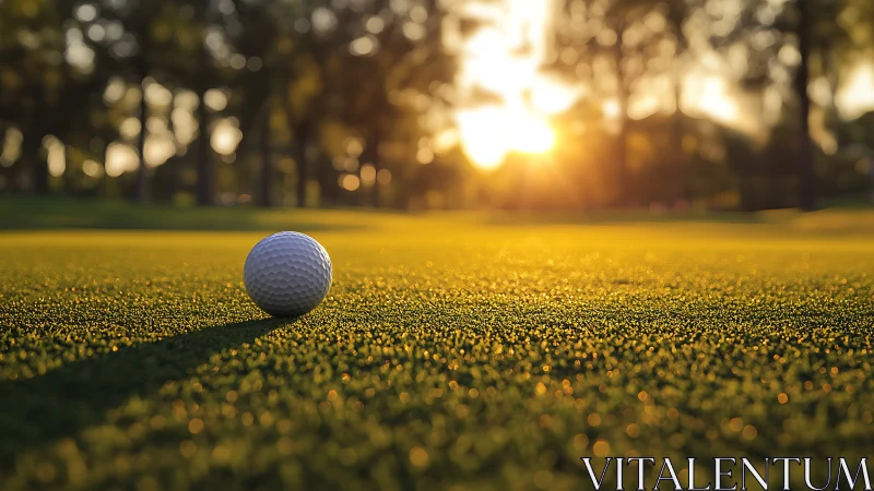 Golf ball rests on dew‑lit green at warm sunset glow.