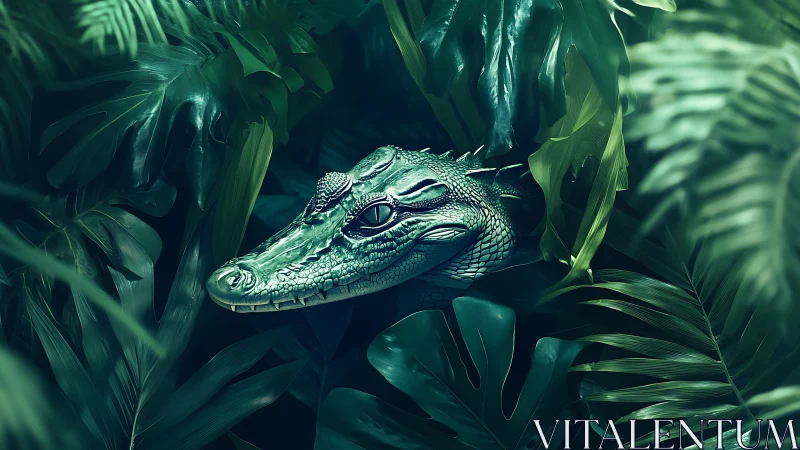 Crocodile head emerges through dense tropical jungle foliage