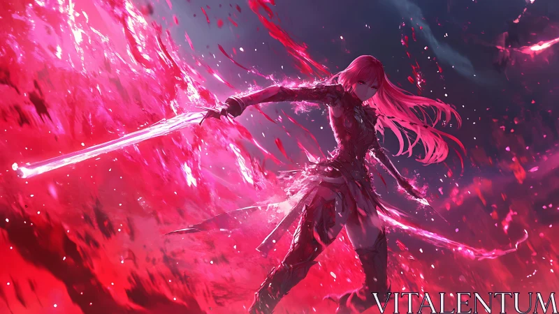 Armored female swordsman amid red energy surge field.