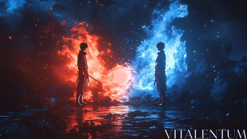 Opposed silhouettes framed by red and blue elemental flames.