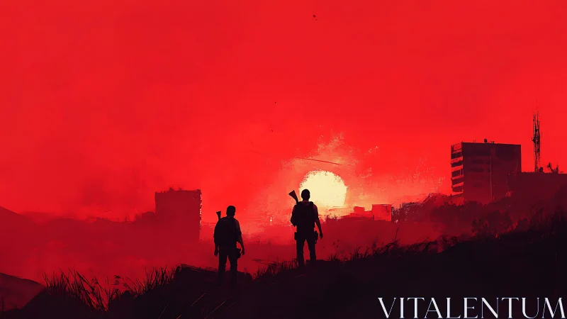 Survivors watch burning red sunset over ruined city.