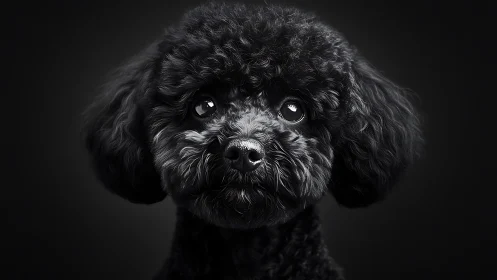 Black poodle portrait in studio low key with glossy eyes.