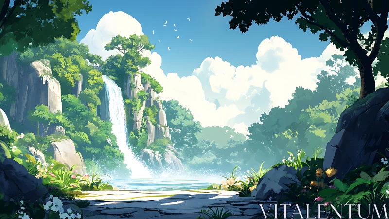 Luminous riverside waterfall in stylized anime landscape design.
