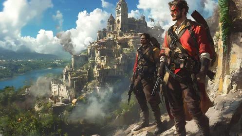 Armed figures observe cliffside fortress city under dense clouds