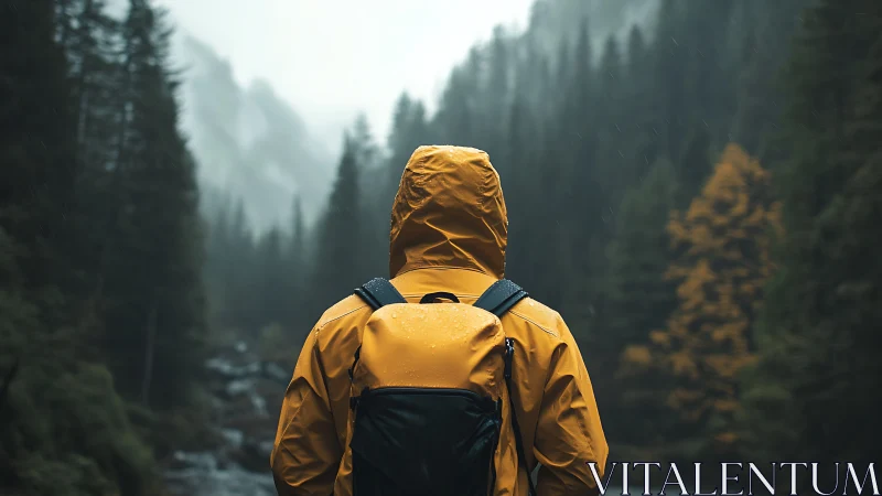 Solitary hiker in yellow parka amid misty forest valley.
