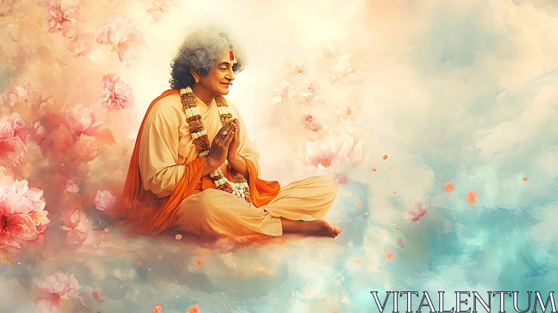 Meditating spiritual guru sits amid ethereal pastel blossoms