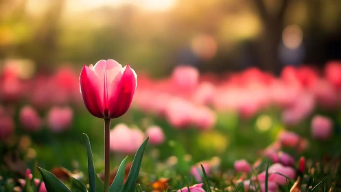 Single pink tulip in soft focus flower field at sunset.