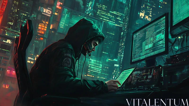 Neon-veiled hacker orchestrates code in rain-soaked megacity.
