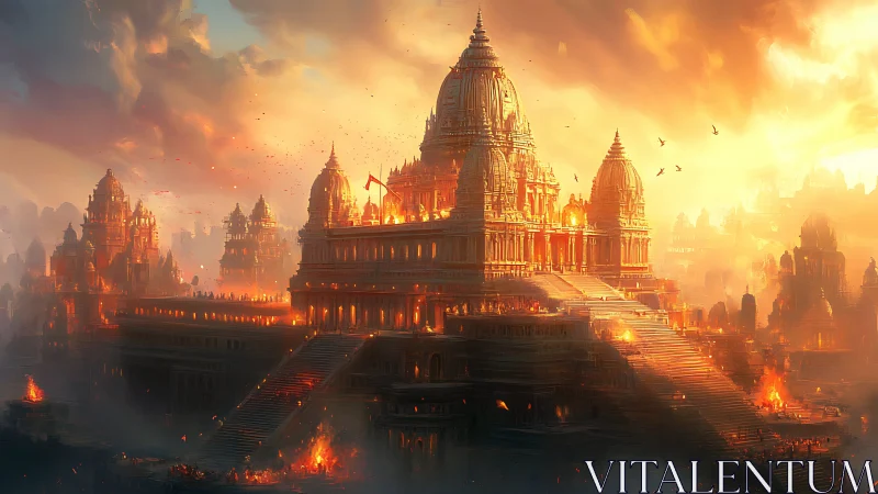 Tiered temple complex stands amid dense atmospheric haze