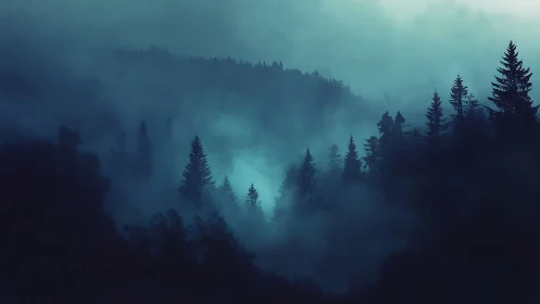 Misty Forest Valley Silhouettes