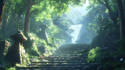 Stone pathway through forested canyon with waterfall.
