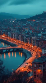 Moody riverside city glows under teal dusk skies