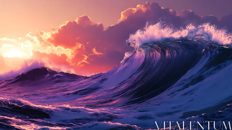 Sunlit violet waves rise against a glowing stormy sky