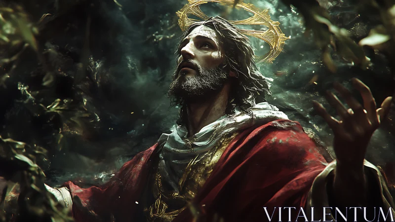 Radiant robed figure gazes upward through swirling light.