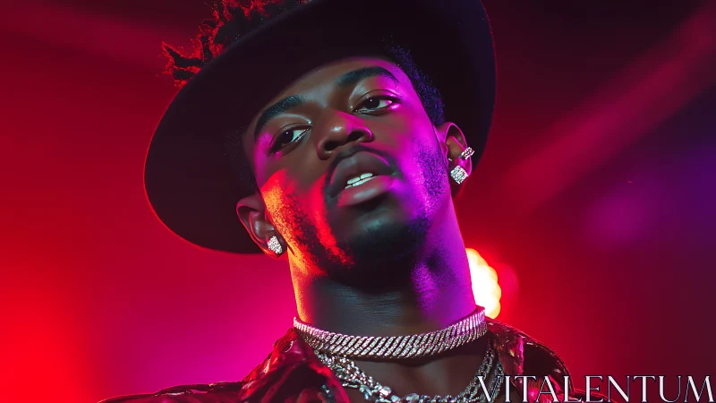 Stylish man in hat poses under neon club lighting