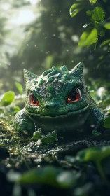 Curious green creature explores a lush forest floor