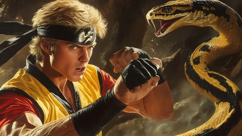 Martial artist confronts lunging serpent in molten light