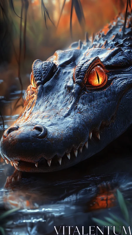 Crocodile head emerges from swamp with molten amber eyes