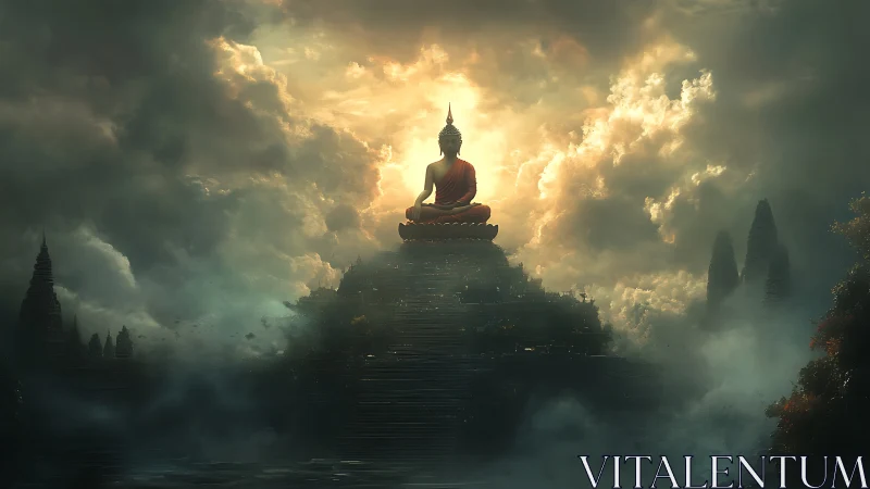 Buddha statue on stepped temple amid dense clouds and light.