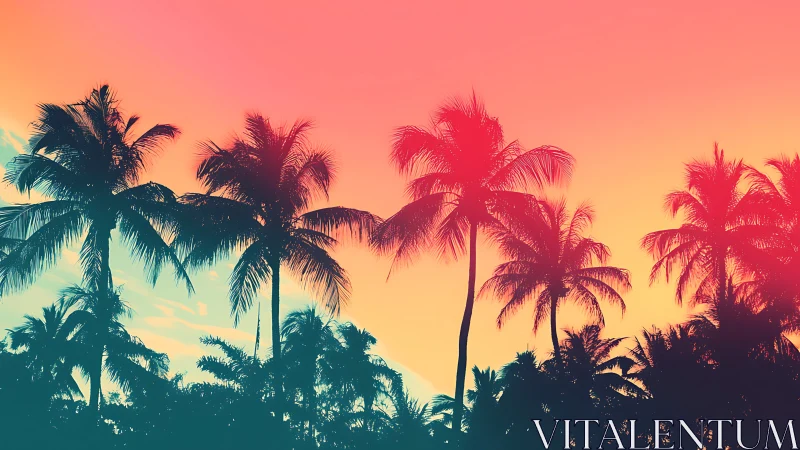 Palm tree silhouettes under gradient tropical sky at dusk.
