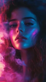 Neon lit female portrait with colored smoke and shadows.