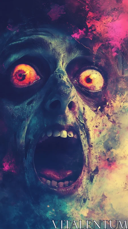 Neon horror portrait screaming zombie amid toxic smoke.