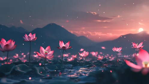 Twilight lotus pond with volumetric lighting and soft bokeh glow.