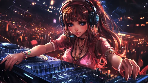 Neon club DJ girl drives crowd with glowing anime energy