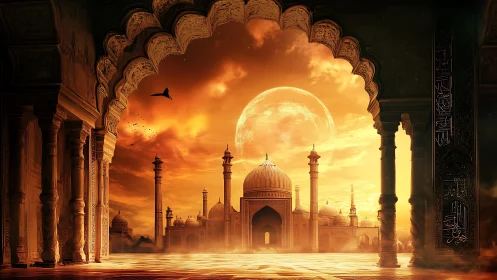 Moon-soaked desert citadel beneath an ember-sky portal.