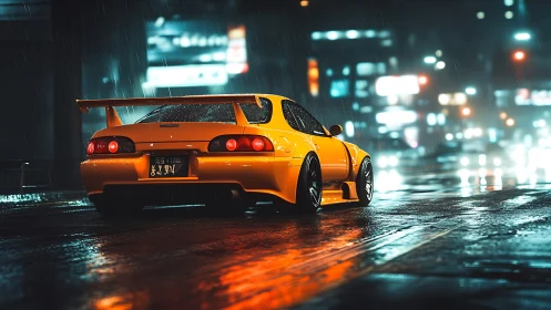 Neon-soaked tuner coupe in cinematic nocturnal streetscape.