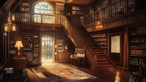 Digital painting of sunlit mahogany mezzanine library interior.