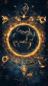 Golden celestial bull stands strong within a glowing cosmic ring