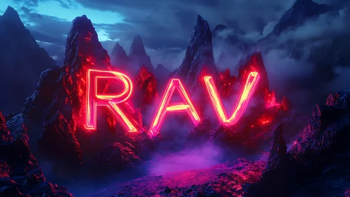 Neon RAV monoliths ignite a stormy alien ravine.
