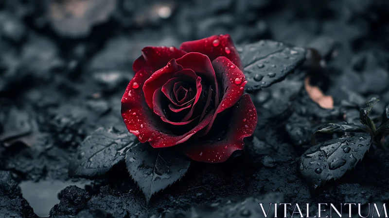 Dark crimson rose rests on wet ground after rainfall