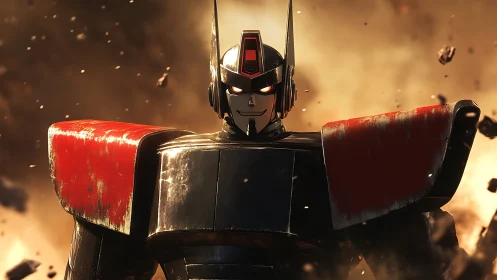 Smiling battle robot standing bold in a storm of sparks.