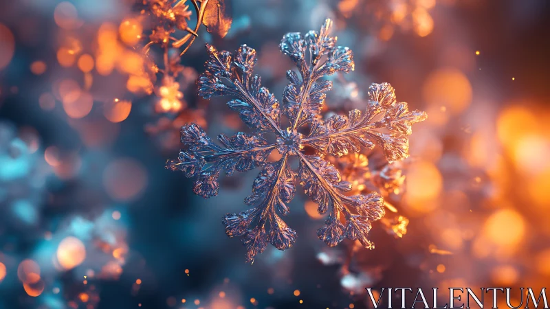 Glowing frosted snowflake shimmers amid warm bokeh light