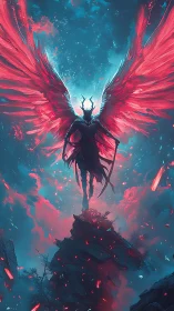 Demonic winged reaper over glowing shattered cliffs.