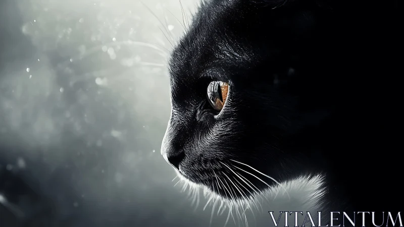 Black Cat Profile Against Misty Light. Amber Eyes Sharp.